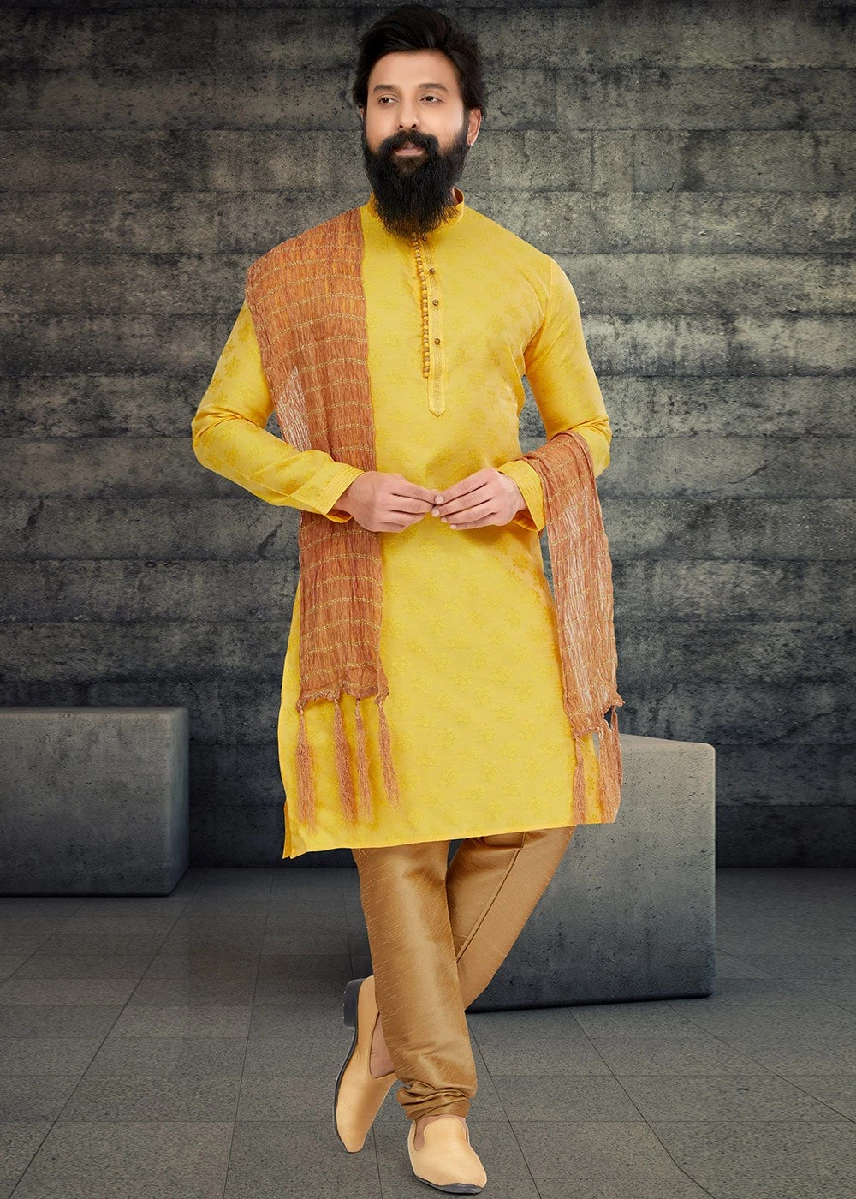 Yellow Woven Work Kurta Pajama, 36-1.webp